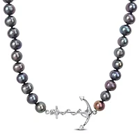 7-7.5mm Black Freshwater Cultured Pearl Anchor Charm Necklace in Sterling Silver