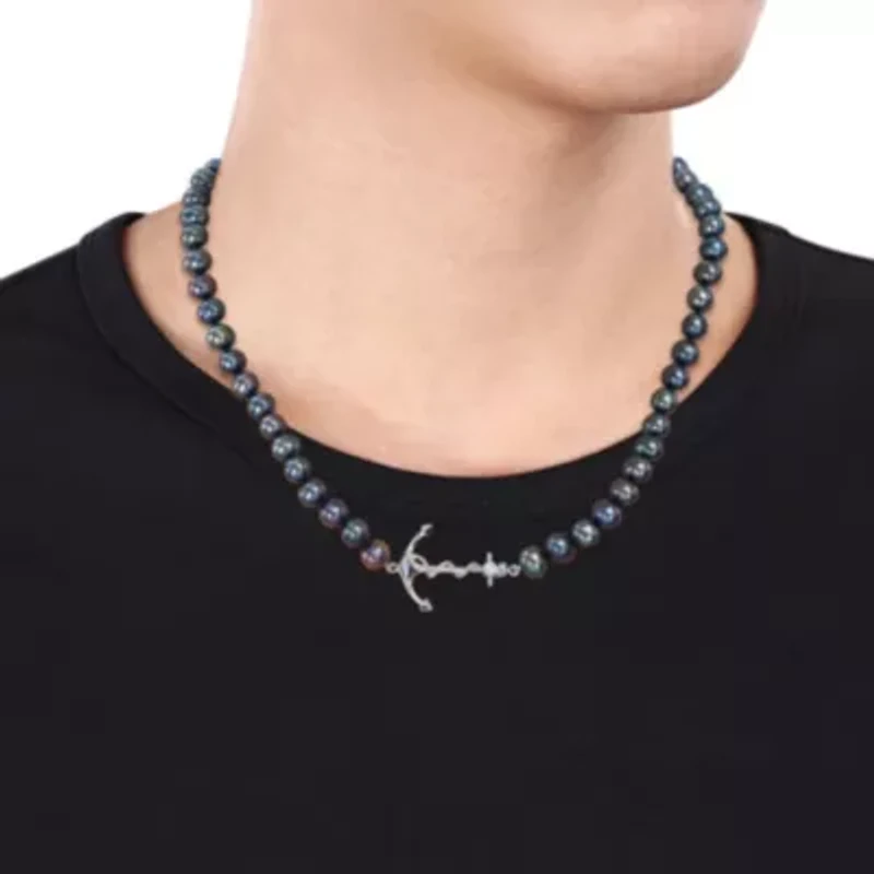 7-7.5mm Black Freshwater Cultured Pearl Anchor Charm Necklace in Sterling Silver