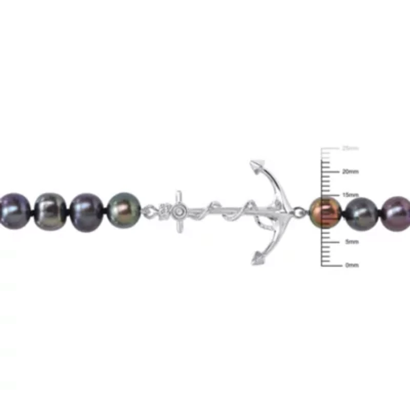7-7.5mm Black Freshwater Cultured Pearl Anchor Charm Necklace in Sterling Silver