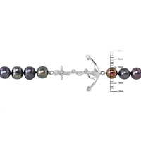 7-7.5mm Black Freshwater Cultured Pearl Anchor Charm Necklace in Sterling Silver