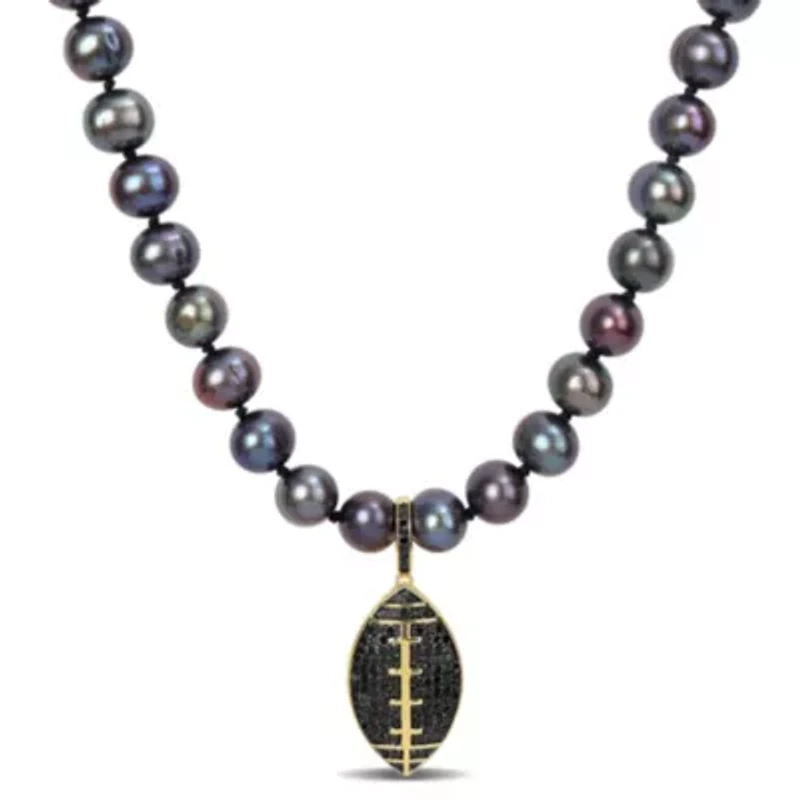 7-7.5mm Black Freshwater Cultured Pearl and 5/8 ct. t.w. Black Diamond Football Necklace in Yellow Plated Sterling Silver with Black Rhodium Plated
