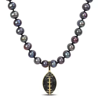 7-7.5mm Black Freshwater Cultured Pearl and 5/8 ct. t.w. Black Diamond Football Necklace in Yellow Plated Sterling Silver with Black Rhodium Plated