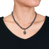 7-7.5mm Black Freshwater Cultured Pearl and 5/8 ct. t.w. Black Diamond Football Necklace in Yellow Plated Sterling Silver with Black Rhodium Plated