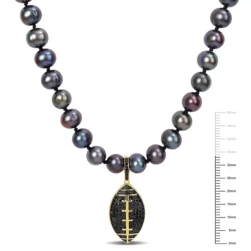 7-7.5mm Black Freshwater Cultured Pearl and 5/8 ct. t.w. Black Diamond Football Necklace in Yellow Plated Sterling Silver with Black Rhodium Plated