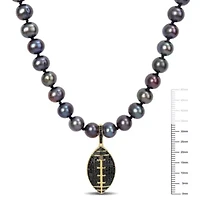 7-7.5mm Black Freshwater Cultured Pearl and 5/8 ct. t.w. Black Diamond Football Necklace in Yellow Plated Sterling Silver with Black Rhodium Plated