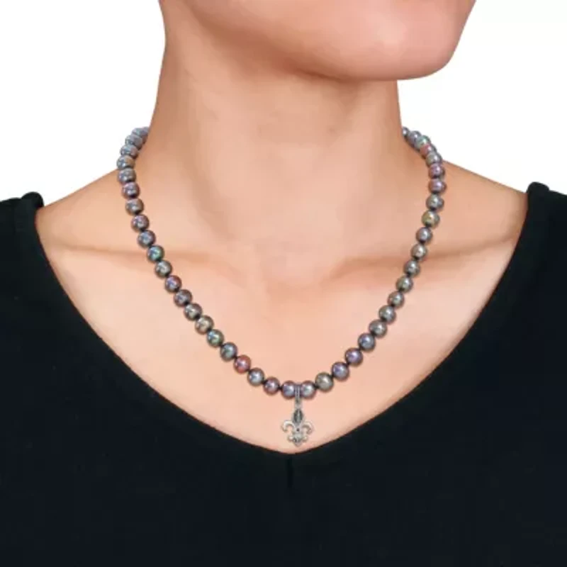 7-7.5mm Black Freshwater Cultured Pearl and 1/10 ct. t.w. Black Diamond Necklace in Sterling Silver with Black Rhodium Plated