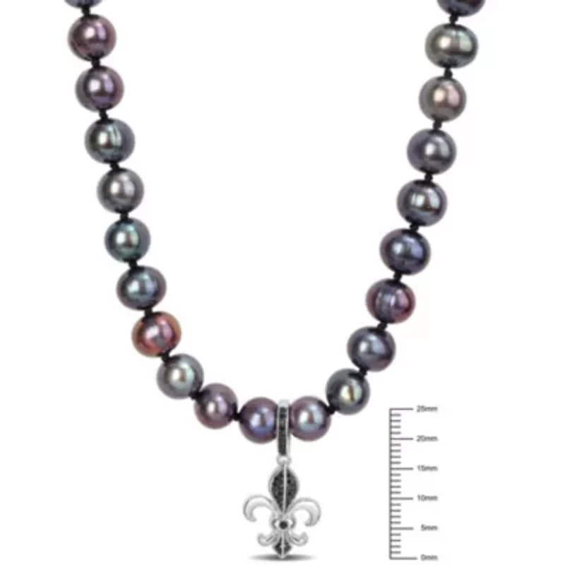 7-7.5mm Black Freshwater Cultured Pearl and 1/10 ct. t.w. Black Diamond Necklace in Sterling Silver with Black Rhodium Plated