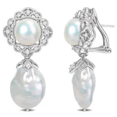 14-14.5mm, 10-10.5mm White Freshwater Cultured Pearl and White Topaz Pearl Drop Earrings in Sterling Silver
