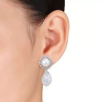 14-14.5mm, 10-10.5mm White Freshwater Cultured Pearl and White Topaz Pearl Drop Earrings in Sterling Silver
