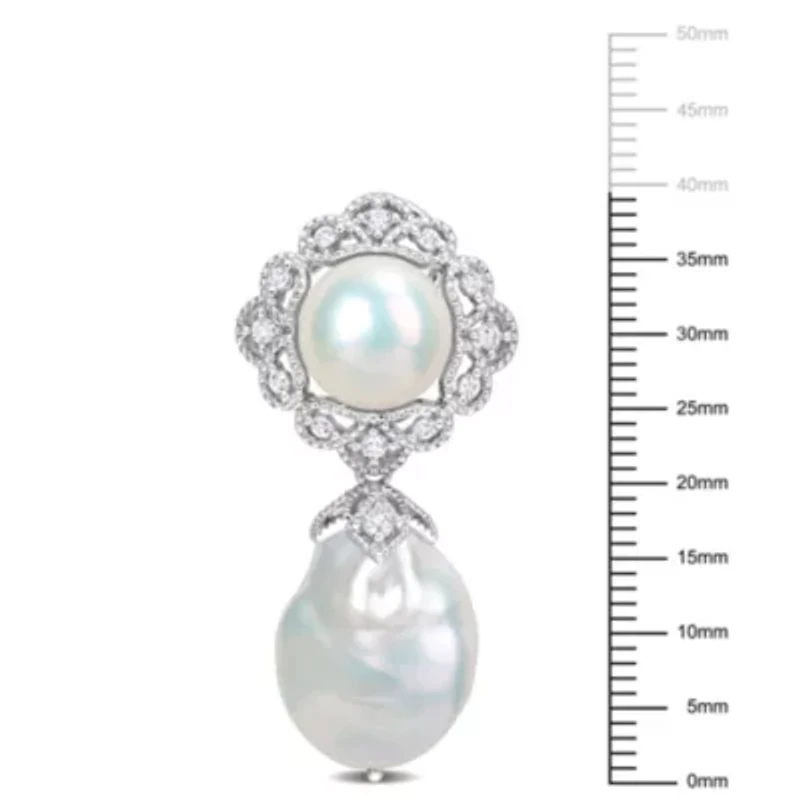 14-14.5mm, 10-10.5mm White Freshwater Cultured Pearl and White Topaz Pearl Drop Earrings in Sterling Silver