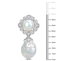 14-14.5mm, 10-10.5mm White Freshwater Cultured Pearl and White Topaz Pearl Drop Earrings in Sterling Silver