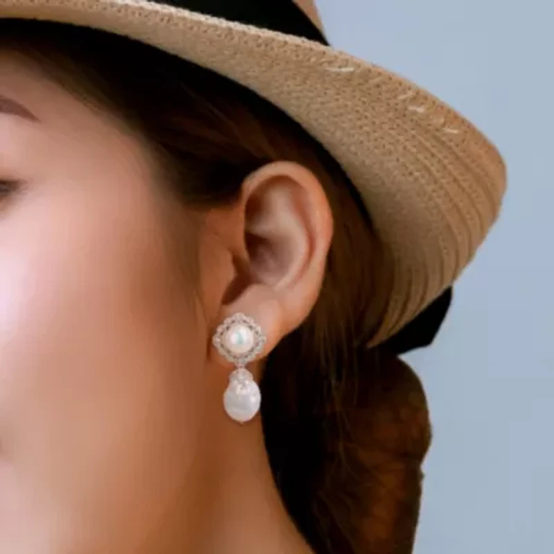 14-14.5mm, 10-10.5mm White Freshwater Cultured Pearl and White Topaz Pearl Drop Earrings in Sterling Silver