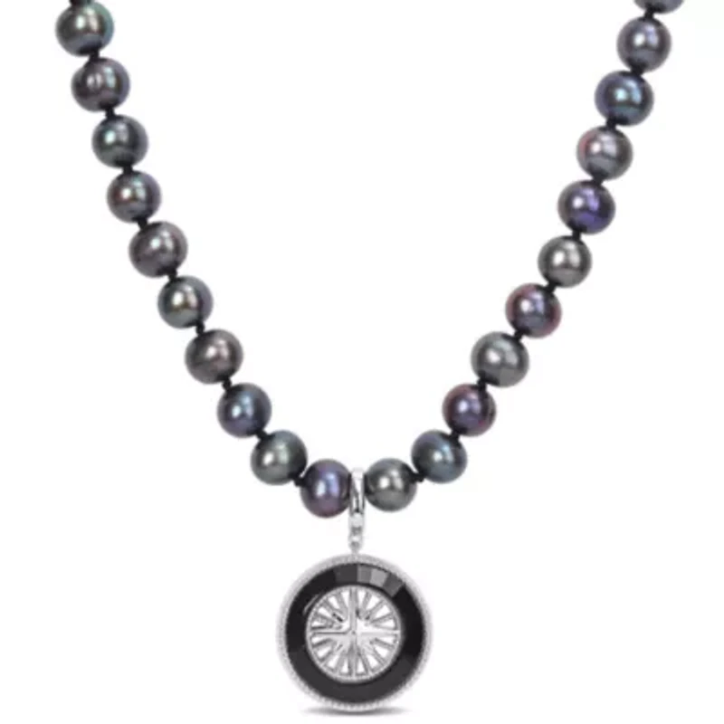 7-7.5mm Black Freshwater Cultured Pearl and Black Agate Necklace in Sterling Silver