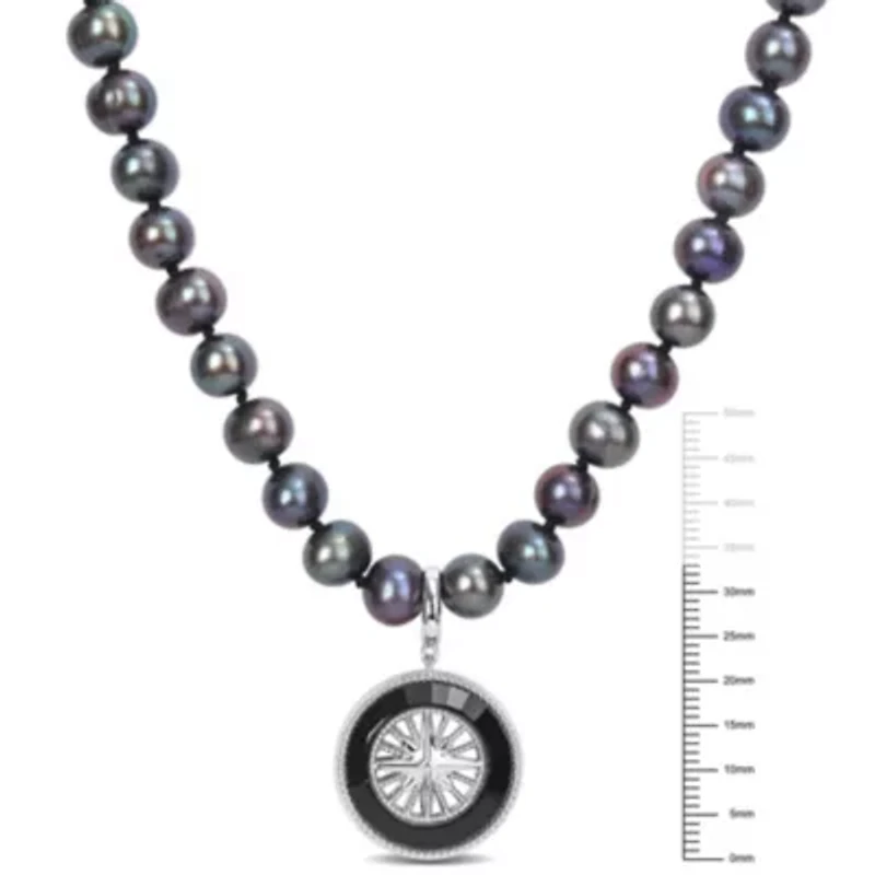 7-7.5mm Black Freshwater Cultured Pearl and Black Agate Necklace in Sterling Silver