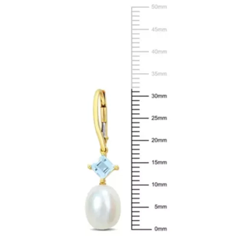 8-8.5mm Freshwater Cultured Pearl and Sky Blue Topaz Drop Earrings in 10K Yellow Gold