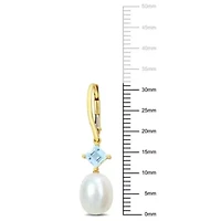8-8.5mm Freshwater Cultured Pearl and Sky Blue Topaz Drop Earrings in 10K Yellow Gold