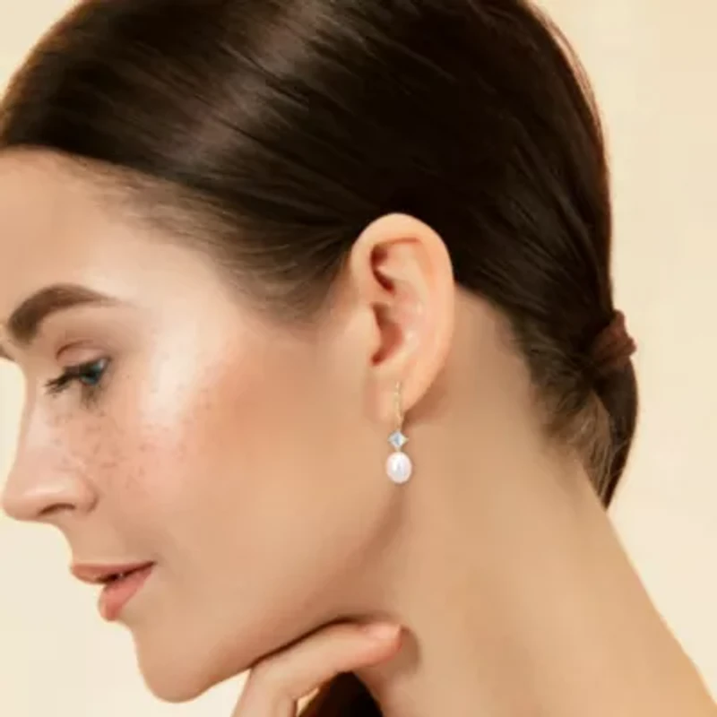 8-8.5mm Freshwater Cultured Pearl and Sky Blue Topaz Drop Earrings in 10K Yellow Gold