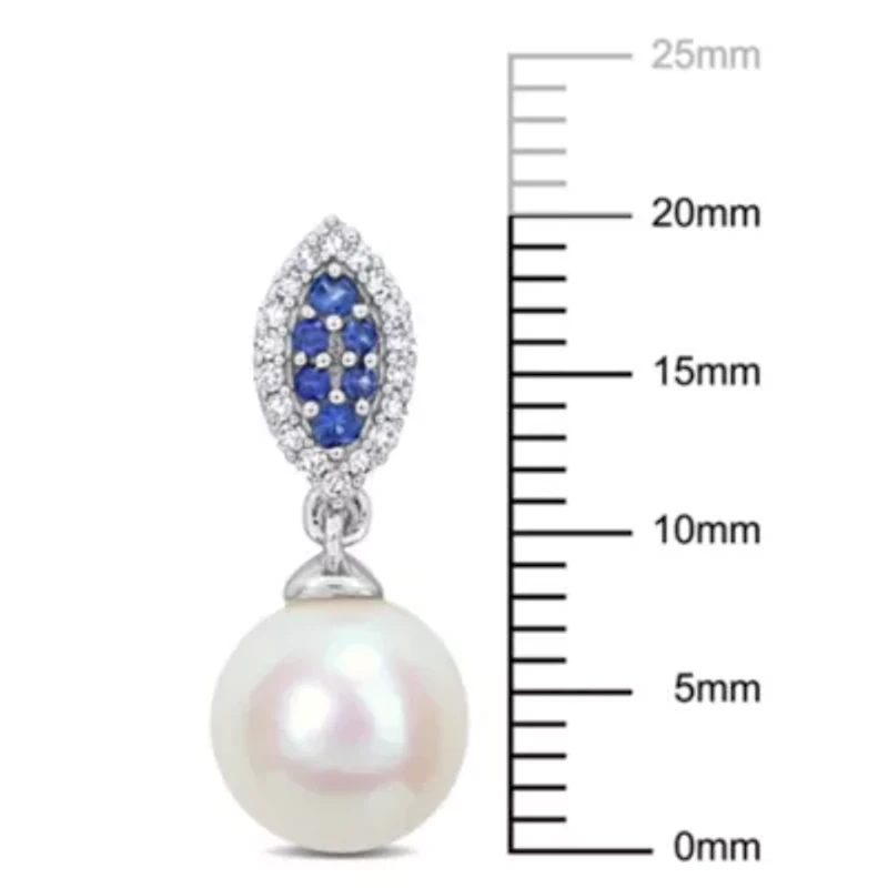 8mm Freshwater Cultured Pearl, 1/7 ct. t.w. Diamond and Sapphire Halo Drop Earrings in 14K White Gold