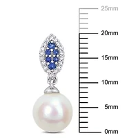 8mm Freshwater Cultured Pearl, 1/7 ct. t.w. Diamond and Sapphire Halo Drop Earrings in 14K White Gold