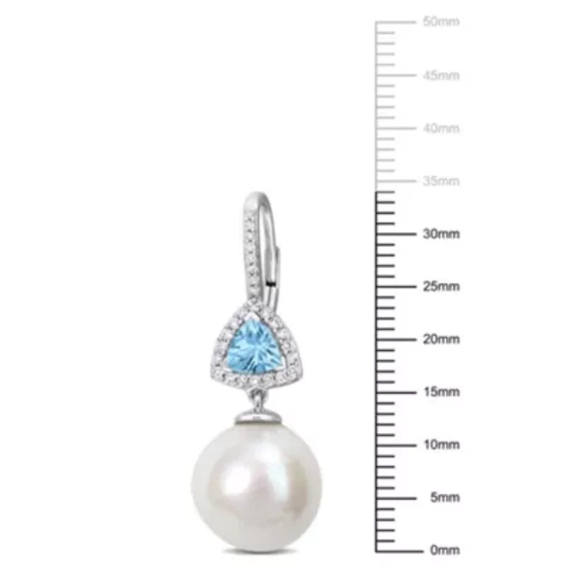 11-12mm Freshwater Cultured Pearl and Sky Blue Topaz with 1/4 ct. t.w. Diamond Earrings in 14K White Gold