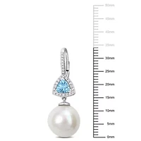 11-12mm Freshwater Cultured Pearl and Sky Blue Topaz with 1/4 ct. t.w. Diamond Earrings in 14K White Gold