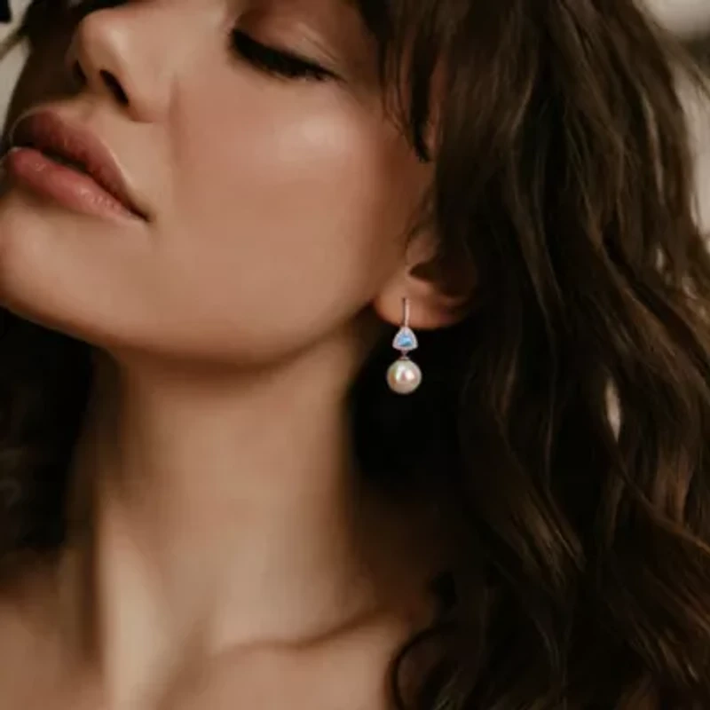 11-12mm Freshwater Cultured Pearl and Sky Blue Topaz with 1/4 ct. t.w. Diamond Earrings in 14K White Gold