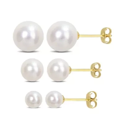 3-Piece Set of 4-8.5mm Freshwater Cultured Pearl Stud Earrings in 14K Yellow Gold