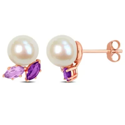 8-8.5mm Freshwater Cultured Pearl with Amethyst and Rose de France Stud Earrings in 14K Rose Gold