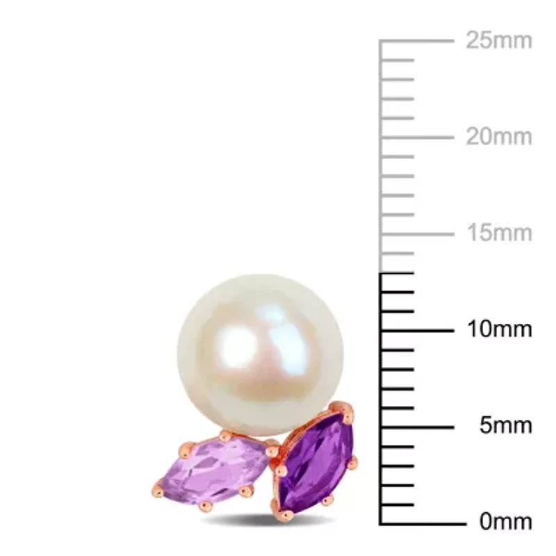 8-8.5mm Freshwater Cultured Pearl with Amethyst and Rose de France Stud Earrings in 14K Rose Gold