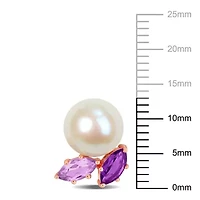 8-8.5mm Freshwater Cultured Pearl with Amethyst and Rose de France Stud Earrings in 14K Rose Gold