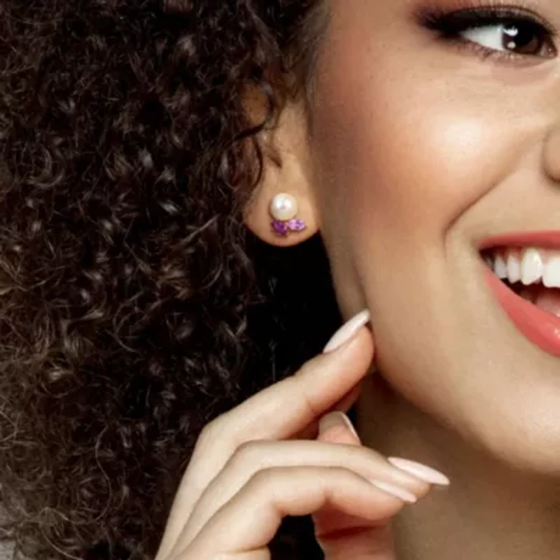 8-8.5mm Freshwater Cultured Pearl with Amethyst and Rose de France Stud Earrings in 14K Rose Gold