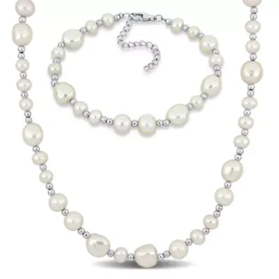 2-Piece Set of 5-10mm Freshwater Cultured Pearl Bead Bracelet and Necklace in Sterling Silver