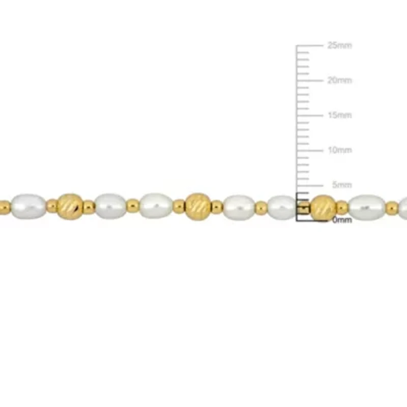 2-Piece Set of 3.5-4mm Freshwater Cultured Pearl with Ball Station Bracelet and Necklace in Yellow Plated Sterling Silver