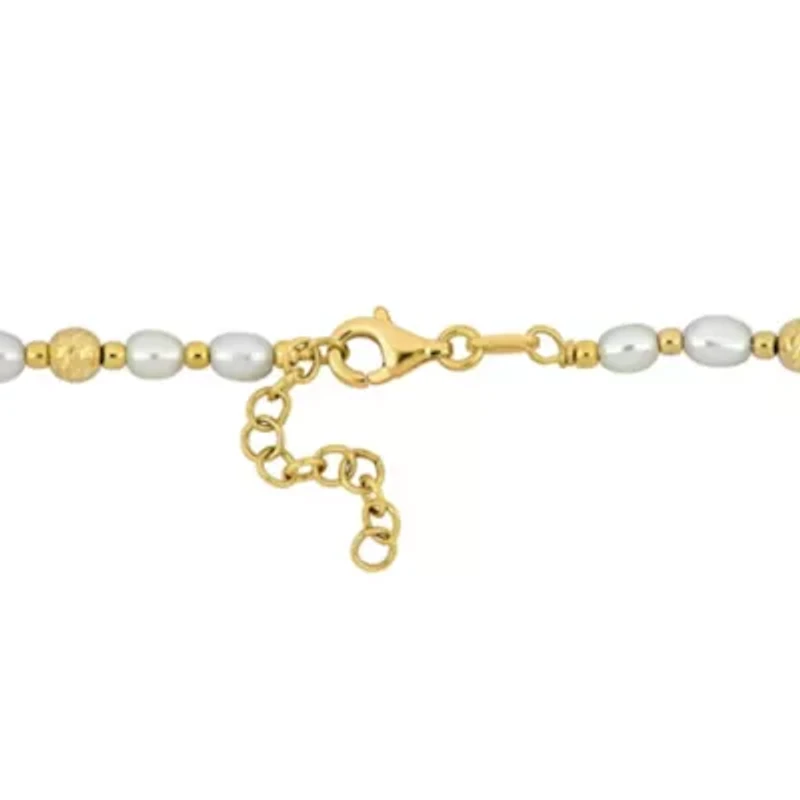 2-Piece Set of 3.5-4mm Freshwater Cultured Pearl with Ball Station Bracelet and Necklace in Yellow Plated Sterling Silver