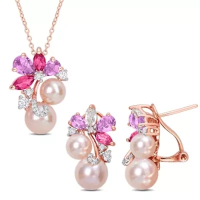 Pink Pearl & Rose de France Topaz Cluster Jewelry Set