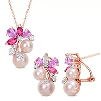 Pink Pearl & Rose de France Topaz Cluster Jewelry Set
