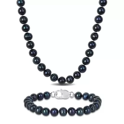 2-Piece Set of 8-8.5mm Black Freshwater Cultured Pearl Strand Bracelet and Necklace in Sterling Silver