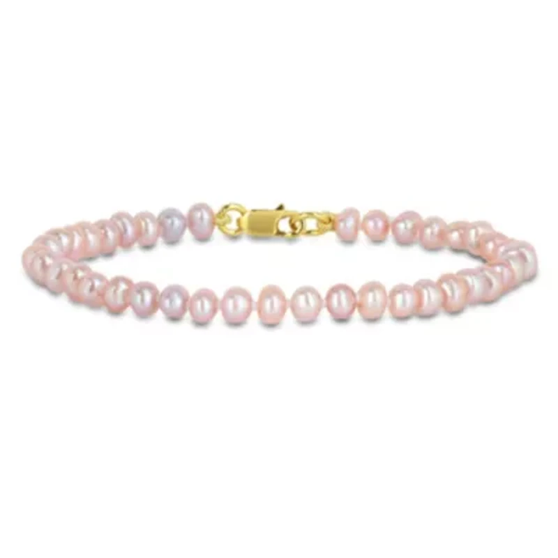 3-4mm Pink Freshwater Cultured Pearl Bracelet in Yellow Plated Sterling Silver