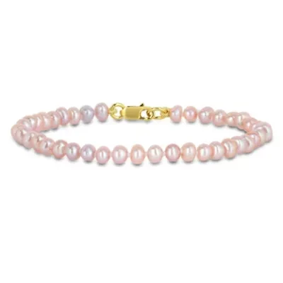 3-4mm Pink Freshwater Cultured Pearl Bracelet in Yellow Plated Sterling Silver