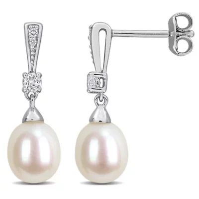 7-7.5mm Freshwater Cultured Pearl and White Topaz Drop Earrings in Sterling Silver