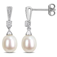 7-7.5mm Freshwater Cultured Pearl and White Topaz Drop Earrings in Sterling Silver