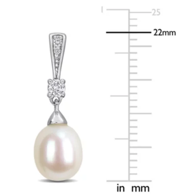 7-7.5mm Freshwater Cultured Pearl and White Topaz Drop Earrings in Sterling Silver