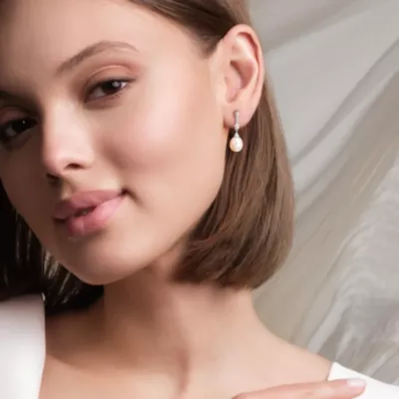 7-7.5mm Freshwater Cultured Pearl and White Topaz Drop Earrings in Sterling Silver