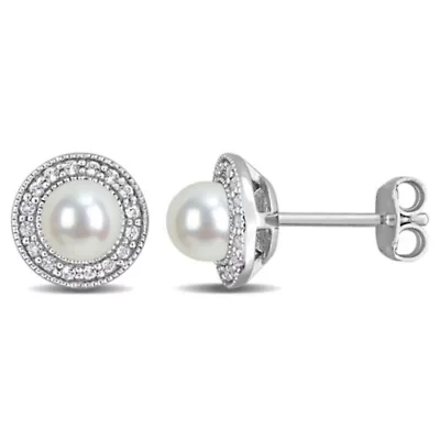 4.5-5mm Freshwater Cultured Pearl and White Topaz Halo Stud Earrings in Sterling Silver