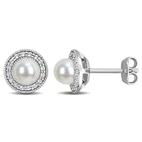 4.5-5mm Freshwater Cultured Pearl and White Topaz Halo Stud Earrings in Sterling Silver