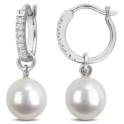 8.5-9mm Freshwater Cultured Pearl and White Topaz Drop Earrings in Sterling Silver
