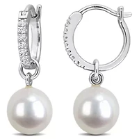 8.5-9mm Freshwater Cultured Pearl and White Topaz Drop Earrings in Sterling Silver