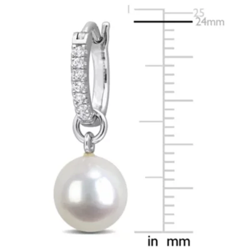 8.5-9mm Freshwater Cultured Pearl and White Topaz Drop Earrings in Sterling Silver