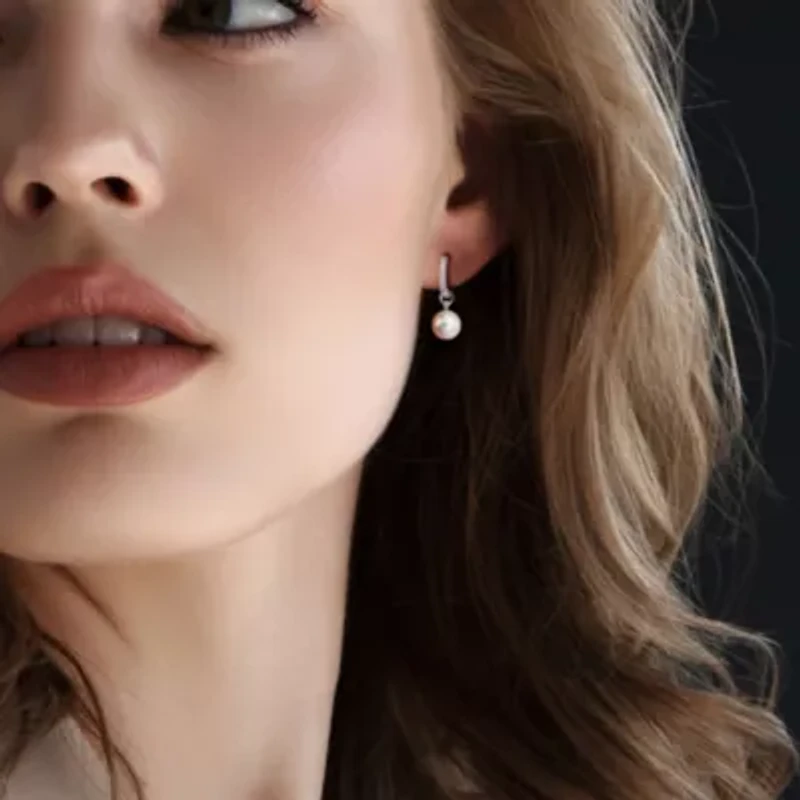 8.5-9mm Freshwater Cultured Pearl and White Topaz Drop Earrings in Sterling Silver