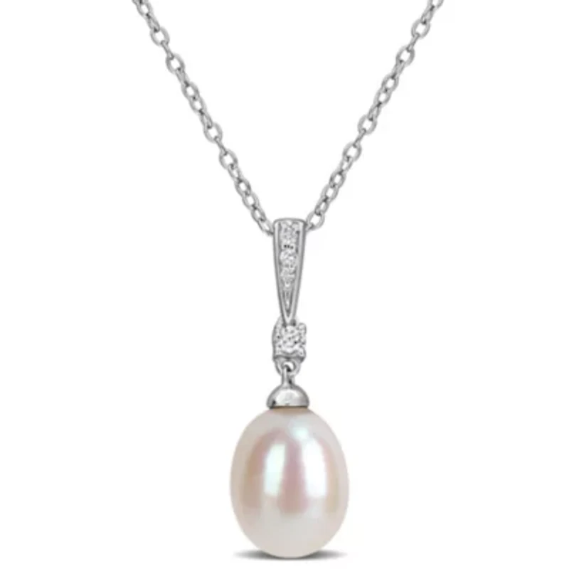8.5-9mm Freshwater Cultured Pearl and White Topaz Pendant with Chain in Sterling Silver